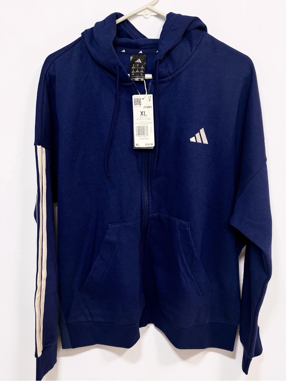 NWT adidas Navy Blue Hooded Full-Zip Jacket with White Stripes - XL